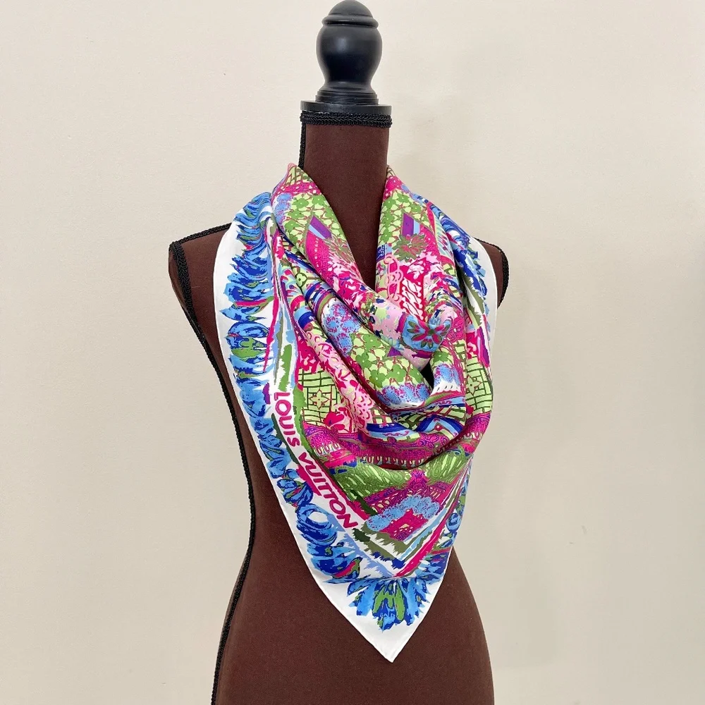 Louis Vuitton Scarf Monogram Paradise Barbie Blue Green Pink Silk Wrap